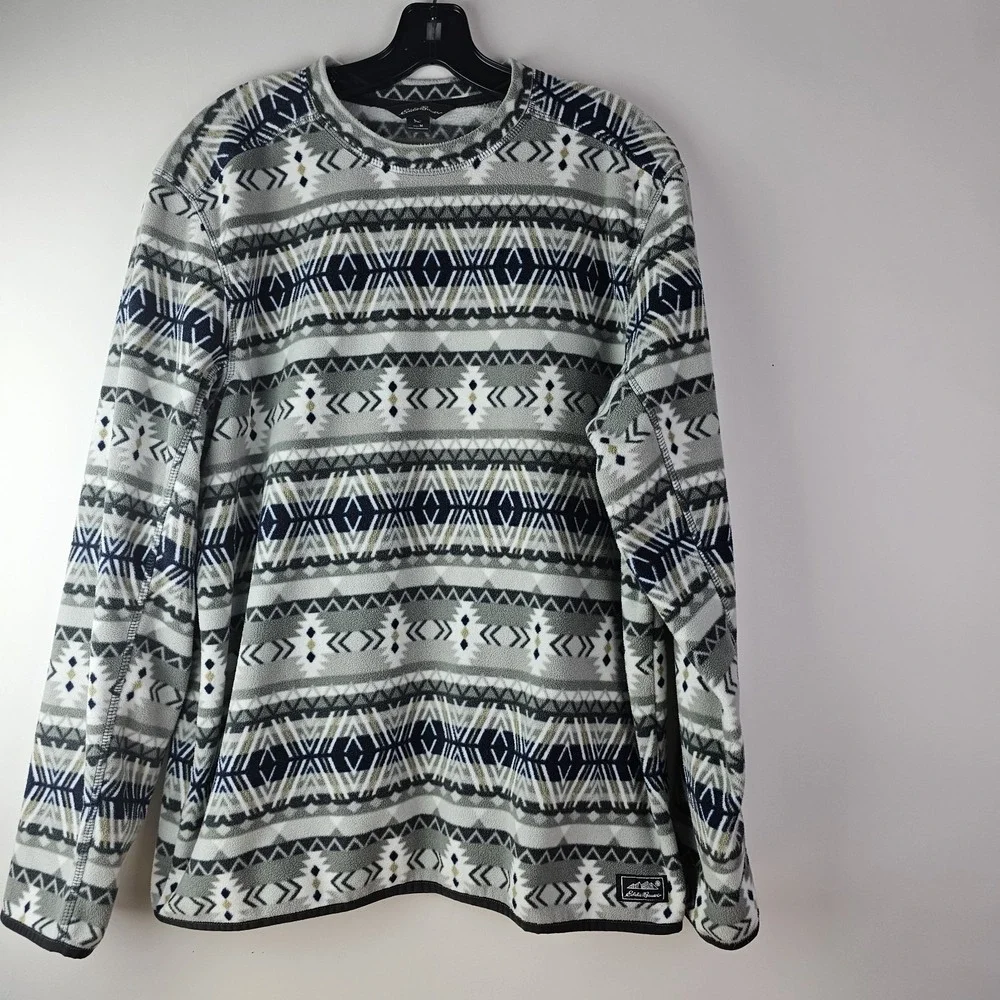Eddie Bauer‎ Mens M Pullover Fleece Aztec White Blue Gray Crew Neck Soft LS Warm